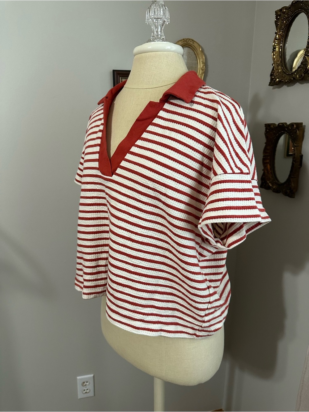 Madewell Red and Cream Striped V-Neck Polo - Picture 3 of 7